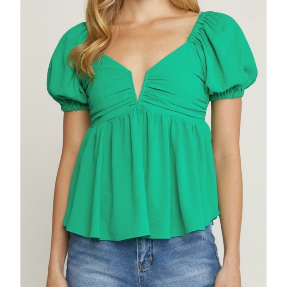 Emerald Green V-line puff shoulder